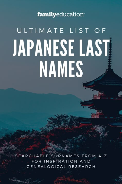 Looking for last names for book characters, your baby, genealogy research, or more? Find the top Japanese last names, compiled by Family Education, right here. #lastnames #familyeducation #genealogy Last Japanese Names, Surnames For Characters Japanese, Last Names Japanese, Japanese Surnames And Meanings, Japanese Last Name Ideas, Asian Last Names For Characters, Japanese Surnames List, Name For Characters, Character Names Japanese