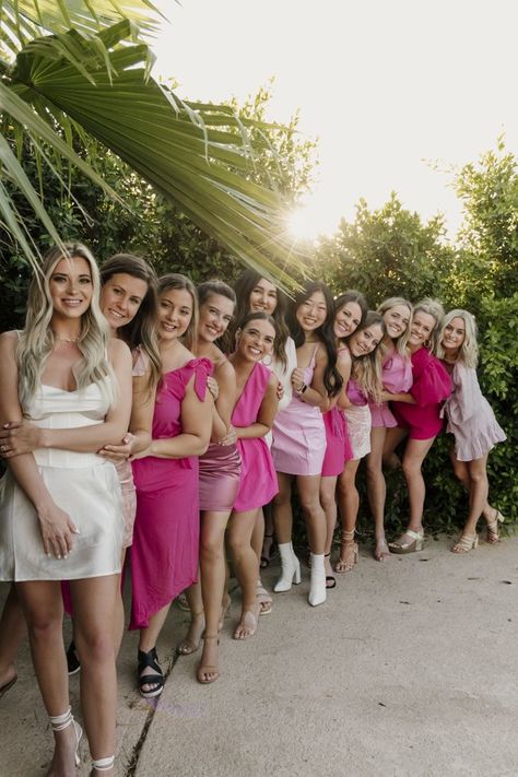 Bachelorette pink themed party fancy dress sorority bff college Classy Hen Party Outfits, Bachelorette Pink Theme Outfits, Barbie Beach Bachelorette, Pink Hen Party Outfits, Pink Hens Party Outfits, Bach Weekend Outfits, Bridal Shower Photography Poses, Barbie Themed Bachelorette Party Outfits, All Pink Bachelorette Outfits