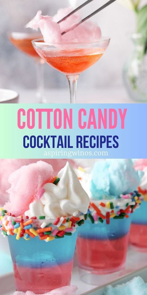 Candy Drinks Alcohol Recipes, Candy Cocktail Recipes, Candy Alcohol Drinks, Cotton Candy Vodka, Cotton Candy Martini, Cotton Candy Drinks, Cotton Candy Cocktail, Candy Shots, Cotton Candy Champagne