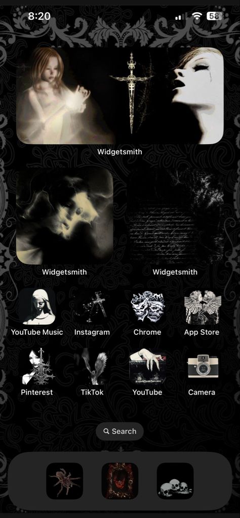 Dark Phone Widget Aesthetic, Gothic Playlist Covers, Gothic Iphone Theme, Dark Phone Layout Ideas, Gothic Homescreen Layout, Maximalist Phone Layout, Alt Phone Layout, Black Phone Widget, Goth Ios Layout