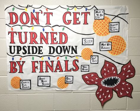 Stranger Things Bulletin Board - Finals Spirit Week Bulletin Board Ideas, Stranger Things Student Council Posters, Student Council Poster Board Ideas, Stranger Things Ra Bulletin Board, Stranger Things Classroom Theme, Finals Ra Bulletin Board, Stranger Things Classroom Ideas, Inclusive Bulletin Board Ideas, Stranger Things Decoration Ideas