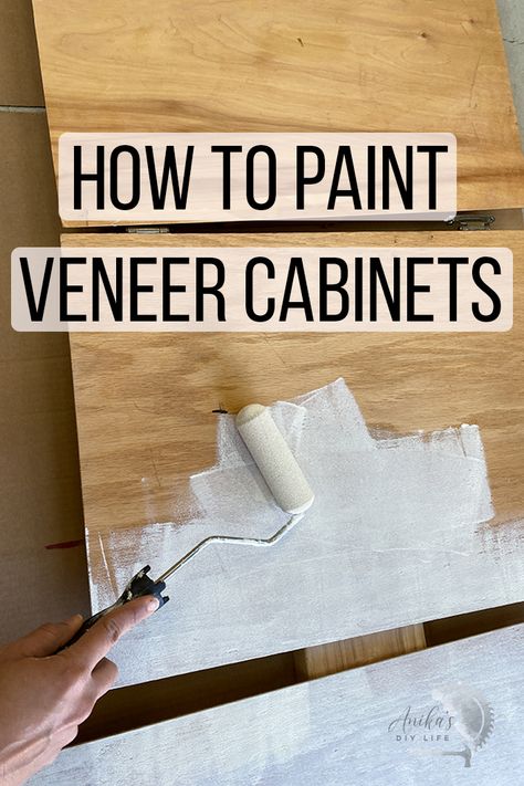 How to paint veneer cabinets the right way. Learn how to paint wood veneer cabinets in the kitchen, bathroom or garage with this complete guide and tutorial. #anikasdiylife Paint Veneer Cabinets, Paint Veneer Furniture, Painting Veneer Furniture, Painting Veneer, Painting Fake Wood, Veneer Cabinets, Painting Laminate Cabinets, Veneer Furniture, Painting Laminate