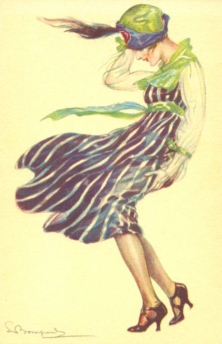 by Sergio Bompard Windy Illustration, Art Deco Illustrations, Flapper Art, Wind Blowing, Fashion Illustration Vintage, Fashion Art Illustration, Antique Postcard, Art Deco Period, Art Deco Era