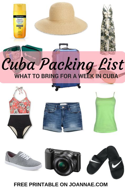 Free Printable of essentials to bring for a trip to Cuba Cuba Packing List, Cuba Outfit, Cuba Vacation, Trip To Cuba, Cuba Holiday, Printable Packing List, Travel Packing List, Visit Cuba, Basic Essentials