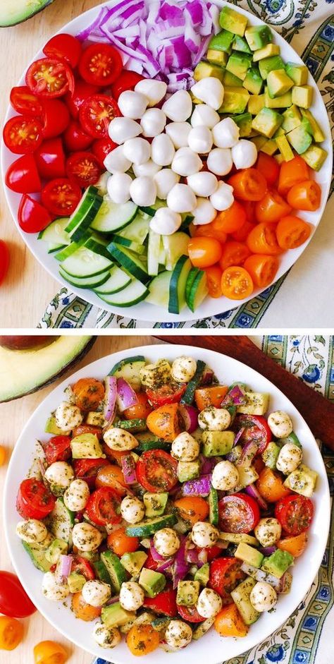 Avocado Salad with Mozzarella, Basil Pesto, Tomatoes, Cucumbers #Mediterranean Resep Salad, Resep Diet, Health Dinner, Makanan Diet, Health Dinner Recipes, Basil Pesto, Idee Pasto Sano, Mediterranean Diet Recipes, Avocado Salad