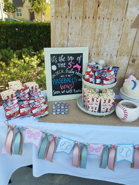 Baseball Gender Reveal Party Food, Sports Theme Gender Reveal Ideas, Baseball Vs Bows Gender Reveal, Baseball Themed Gender Reveal Party, Baseball Or Bows Gender Reveal Decor, Baseball And Bows Gender Reveal Ideas, Baseballs Or Bows Gender Reveal Party, Gender Reveal Baseball Or Bows, Baseball Gender Reveal Party Decorations