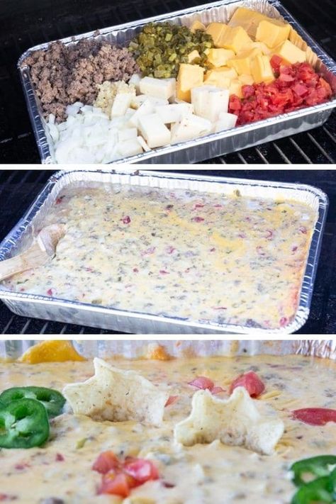 Whip up a batch of this smoked queso! Velveeta cheese dip that is paired with pepper jack cheese, ground beef, and more. This campfire dip is totally cheesy and delicious! Give this queso dip recipe a try today. #dip #partydip #grill #tailgate #camping #campfire #queso #cheesedip #conqueso #recipe #smoked #smokedrecipe #traeger #greenmountain #pelletgrill #appetizer #cheesedip Queso Velveeta, Velveeta Cheese Dip, Smoked Queso, Queso Dip Recipe, Queso Dip Recipes, Pellet Grill Recipes, Traeger Recipes, Velveeta Cheese, Queso Dip