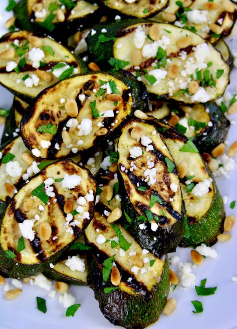 Marinated Grilled Vegetables, Grilled Zucchini Recipes, Grilled Broccolini, Pine Nut Recipes, Easy Zucchini Recipes, Zucchini Feta, Creamy Feta, Feta Recipes, Keto Menu