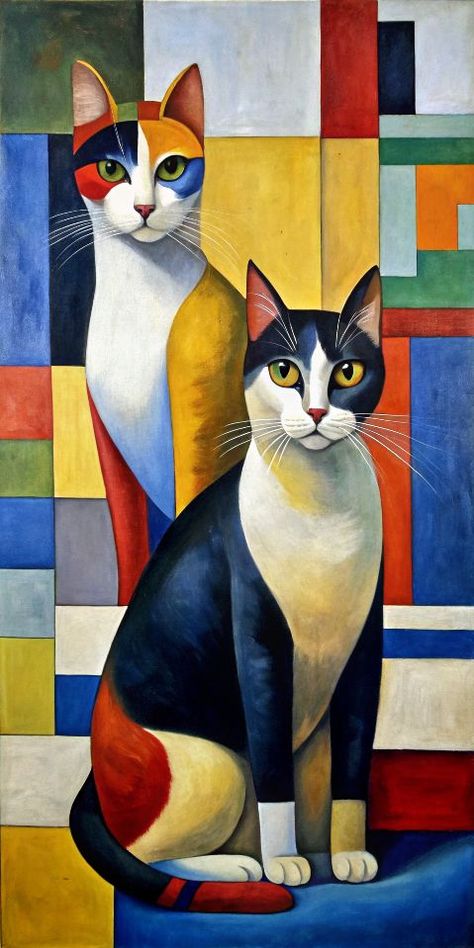 Painting Cats Acrylic, Two Cats Sitting Together, Cats Sitting Together, Cat Painting Acrylic, Suprematism Art, Modern Cat Art, Art Deco Cat, Cats Sitting, Cat Art Painting