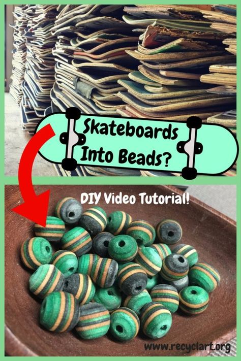 beads, jewelry, skateboard, upcycled plastic, upcycled skateboards, upcycled wood Check out my DIY Video Tutorial and learn how to make Beads From Skateboards. I have been making all different types of things from recycled skateboards for about seven years now. From key chains to watches and guitars.  Create Beads From Skateboard Furniture, Make Beads, Skateboard Deck Art, Recycled Skateboards, Diy Videos Tutorials, Skate Art, Learn Woodworking, Skateboard Art, Woodworking Tips