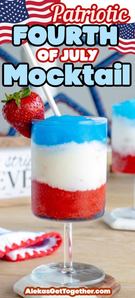 This fun 4th of July drink is a beautiful, sweet, fruity and refreshing cocktail or mocktail to serve guests this July 4th! The slushy red, white and blue layers offer different flavors as they take a sip of America's most festive drink! 4th Of July Drinks Nonalcoholic, 4th Of July Mocktail, Red White Blue Drink, Patriotic Drinks, Coconut Rum Drinks, Strawberry Basil Lemonade, Fourth Of July Drinks, Flavored Liquor, Mango Rum