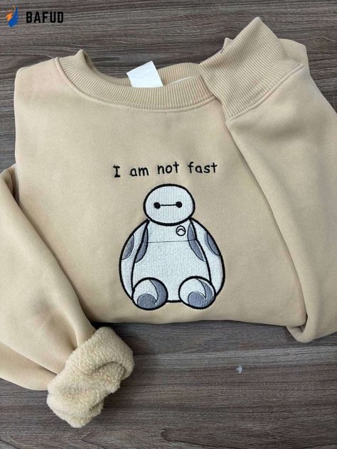 I Am Not Fast Baymax Embroidered Sweater: Cartoon Crewneck Sweatshirt Vintage Gift for Him Embroidered Clothes Ideas, Embroidered Sweater Vintage, Outfit Ideas Sweatshirt, Hawaiian Shirt Women, Disney Clothes, Crewneck Vintage, Diy Sweatshirt, Crewneck Design, Embroidered Crewneck