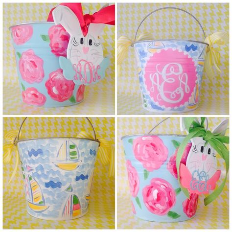 Hand Painted Easter Lilly Buckets Bucket Painting Ideas, Easter Basket Painting, Diy Paint Bucket Ideas, Hand Painted Easter Baskets, Plastic Paint Bucket Ideas, Painted Easter Bucket, Kindergarten Easter Crafts, Easter Lilly, Painted Easter Buckets Girl