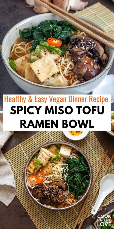 Unleash a burst of flavors with this easy-to-make Spicy Miso Vegan Tofu Ramen Bowl! Featuring a homemade, smooth, and silky spicy miso broth that’s packed with flavor. This budget friendly vegan ramen bowl features lots of nutritious vegetables, protein-rich tofu, noodles and that irresistible spicy kick. This is the perfect easy weeknight dinner recipe, try it tonight! #vegandinnerrecipe #ramenbowl #tofurecipes Miso Tofu Recipe, Vegetarian Ramen Recipe, Tofu Ramen, Nutritious Vegetables, Gut Recipes, Vegetarian Noodles Recipes, Vegetarian Noodles, Healthy Gut Recipes, Vegetarian Ramen