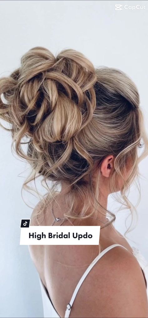 Loose High Updo Wedding, Wedding High Messy Bun, Medium Length Bridal Hair Updo, High Volume Updo Wedding, Bride Hair Up With Veil, Beach Bride Hair Updo, Beautiful Updos For Long Hair, Messy High Updo Wedding, Wedding Boho Updo