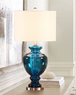 $163 - Blue Glass Trophy Base Table Lamp With Linen Shade beach-style-table-lamps Blue Glass Lamp, Glass Trophies, Glass Lamp Base, Desk Lamps Bedroom, Blue Table Lamp, Chandelier Fan, Wooden Chandelier, Vase Glass, Desk In Living Room