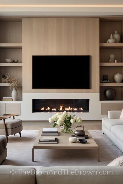 In Built Fireplace, Japandi Tv Wall Fireplace, Tv And Fire Place Wall, Slim Fireplace Tv Wall, Living Room Design Fireplace And Tv, Tv Unit And Fireplace Ideas, Built In Bedroom Fireplace, Different Living Room Layouts, Tv Wall Design Without Fireplace