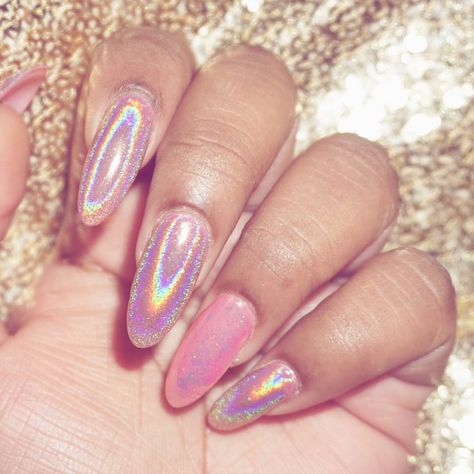 Pink Opal Nails, Pink Holographic Nails, Manicured Nails, Opal Nails, Holo Nails, Kawaii Nails, Holographic Nails, Heart Nails, Beauty Ideas