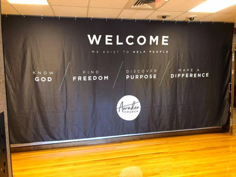 Logo Photo Backdrop, Church Stage Design Ideas Backdrops, Church Backdrop, Church Stage Decor, Church Signage, Church Entrance, Church Banners Designs, Church Building Design, Church Branding