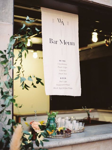 Hanging Bar Sign Wedding, Unique Wedding Menu Ideas, Gala Signage, Moody Autumn Wedding, Stone Cellar, Table Stationary, Tap Truck, Fabric Sign, Wedding Bar Decor