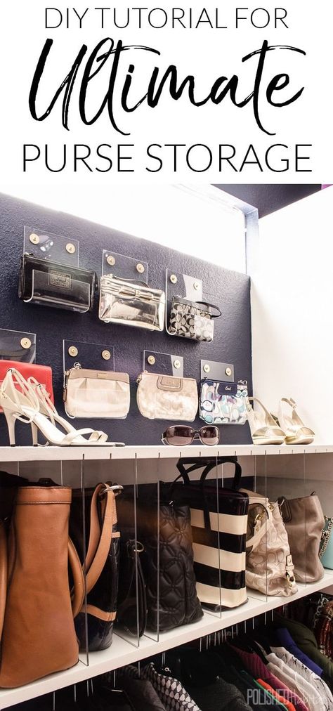 The perfect purse storage solution for your dream closet! Create clear dividers for larger purses, and display clutches on the wall as organized art. Organizing Purses In Closet, Kids Shoe Storage, Art Organizer, Diy Purse Organizer, Closet Diy, Organized Closet, Closet Planning, Organization Closet, Shelves Ideas