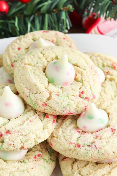 Sugar Cookie Kisses Recipe, Sugar Cookie Blossoms Recipe, Sugar Cookie Add Ins, Sugar Cookie Toppings, Christmas Sprinkle Sugar Cookies, Blossom Cookie Recipes, Cookies With Kisses On Top, Sugar Blossom Cookies, Sugar Cookie Mix Recipes