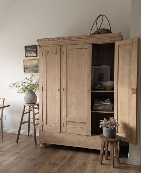 Large Armoire Bedroom, Armoire In Living Room, Diy Armoire, Modern Cottage Interior, Pine Shelves, Wooden Closet, Beach Furniture, Clean And Minimal, Wood Armoire