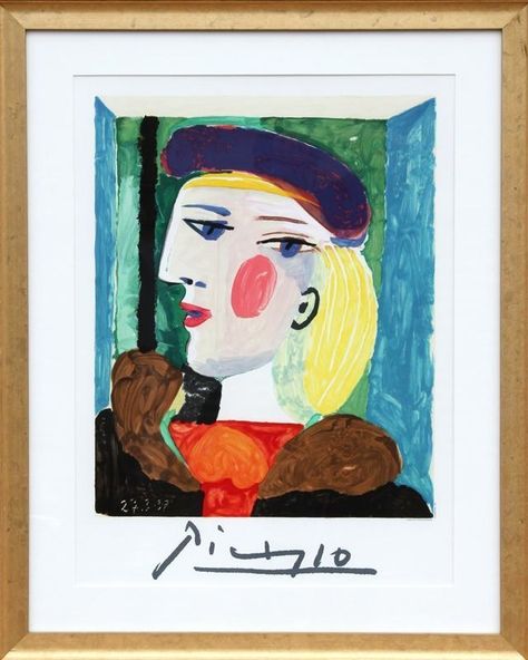 Femme Profile 1939 by Pablo Picasso, Published 1979 - 1982 Picasso Signature, Purple Beret, George Romney, Arches Paper, Ink Stamps, Brown Coat, Visual Artwork, Signature Print, Pablo Picasso