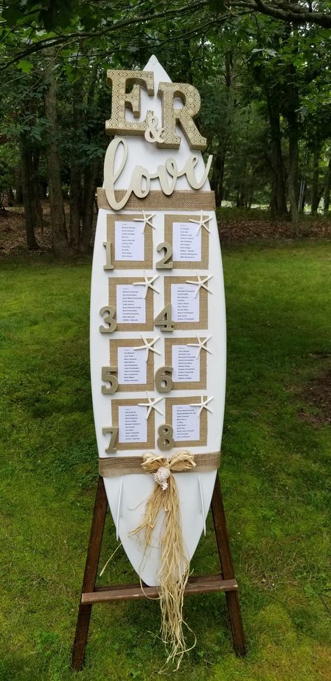 Surfboard seating chart for wedding Surf Themed Wedding, Surfer Wedding Ideas, Surfboard Seating Chart, Wedding Seating Chart Beach, Wedding Surfboard, Coastal Wedding Seating Chart Ideas, Surfboard Seating Chart Wedding, Beach Wedding Seating Chart, Beachy Seating Chart Wedding