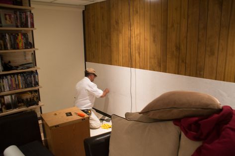 Installing wallpaper over wood paneling Wallpaper On Paneling, Wallpaper On Wood Paneling, Wallpaper Wood Paneling, Cover Up Wood Paneling, Wallpaper Over Wood Paneling, Wallpaper Over Paneling, Wallpaper Over Wallpaper, Painting Over Paneling, Installing Wallpaper