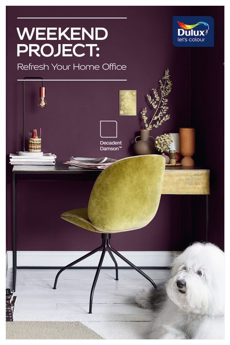 Decadent Damson Home Office Feature Wall Living Room Paint, Accent Wall Paint Ideas, Dark Purple Paint, Purple Home Office, Purple Accent Wall, Office Feature Wall, Office Wall Colors, Small Home Office Ideas, Purple Office