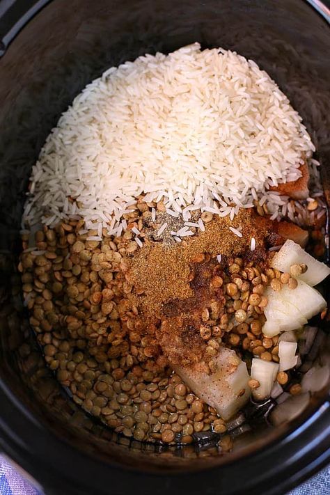 Crockpot Lentils And Rice, Simple Vegan Slow Cooker Recipes, Lentil Crock Pot Recipes, Asian Crockpot Recipes Vegetarian, Rice Cooker Lentils, Lentil Slow Cooker, Beans Slow Cooker Recipes, Slow Cooker Beans And Rice, Rice With Lentils