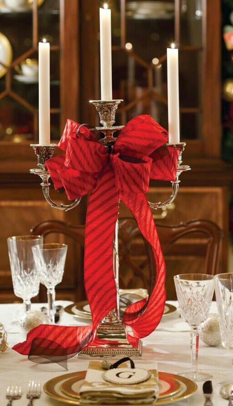 Silver candelabra Christmas Candelabra Decor, Christmas Candelabra Ideas, Christmas Candelabra, Christmas Gala, Table Decorating Ideas, Silver Candelabra, Diy Christmas Table, Elegant Place, Southern Christmas