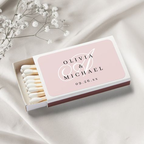 Elegant classic script monogram pink wedding matchboxes Pink Background Simple, Matchbox Wedding Favors, Couple Monogram, Names Design, Wedding Match Boxes, Personalized Match Boxes, Classic Couple, Couples Monogram, Background Simple