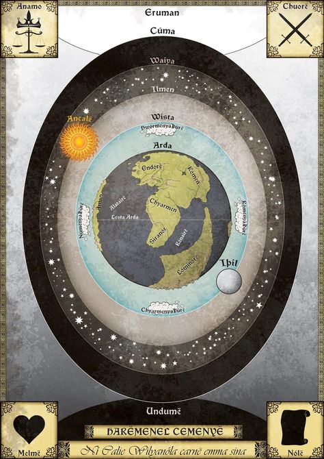 But when the Ainur had beheld this habitation in a vision and had seen the Children of Ilúvatar arise therein, then many of the most mighty among them bent all their thought and their desire towards that place. ~ The Silmarillion, Ainulindalë (Arda Cosmas Map by Sapiento, deviantART) Tolkien Map, Middle Earth Map, World History Lessons, Fantasy World Map, Tolkien Books, Tolkien Art, Lotr Art, Heroic Fantasy, Elf House