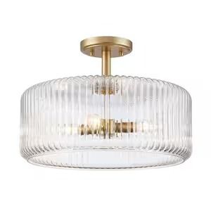 Quartz Quarters 15.75 in. 4-Light Gold Semi-Flush Mount Ceiling Light with Clear Reeded Glass Shade Small Hallway Lighting Ideas Ceilings, Hall Lighting Ideas, Bathroom Lighting Ideas Ceiling, Small Hallway Lighting, Pantry Light, Glass Flush Mount Ceiling Light, Lighting Flush Mount, Semi-flush Mount Lights, Pantry Lighting