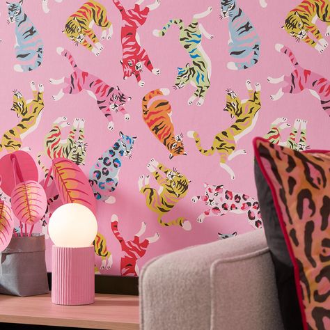 Unleash your wild side and get playful with colour with our bright tiger wallpaper. Featuring tumbling tigers in hot pink, blue and orange on a bubblegum pink background. A colourful print that’s made to stand out, you can have plenty of fun with this wallpaper by hanging in a bedroom or bathroom. Pink Printed Wallpaper, Funky Wallpaper Bedroom Accent Walls, Bright Wallpaper Bathroom, Bright Bedroom Wallpaper, Funky Kitchen Wallpaper, Fun Kids Bathroom Wallpaper, Fun Wall Paper, Funky Wallpaper Bedroom, Hot Pink Bedroom Walls