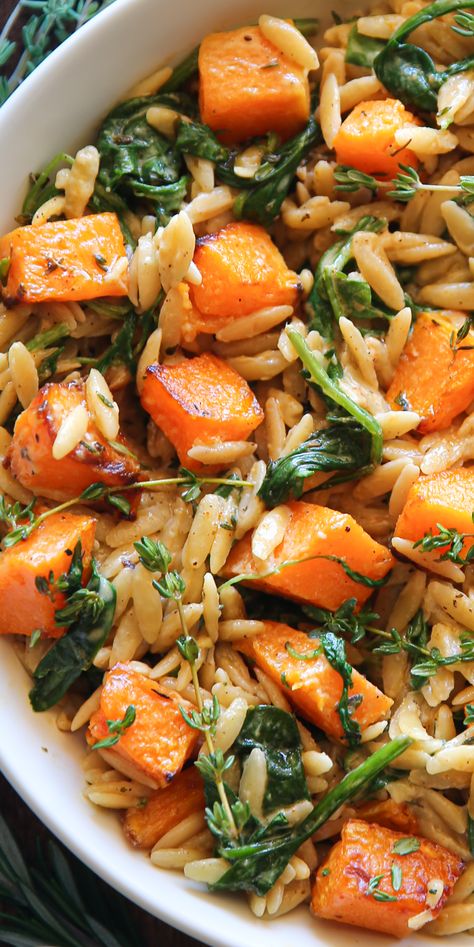 Creamy Orzo Pasta with Butternut Squash and Spinach in a white bowl. Pasta With Butternut Squash, Creamy Orzo Pasta, Butternut Squash And Spinach, Butternut Squash Spinach, Creamy Orzo, Butternut Squash Pasta, Orzo Recipes, Butternut Squash Recipes, Fall Dinner Recipes