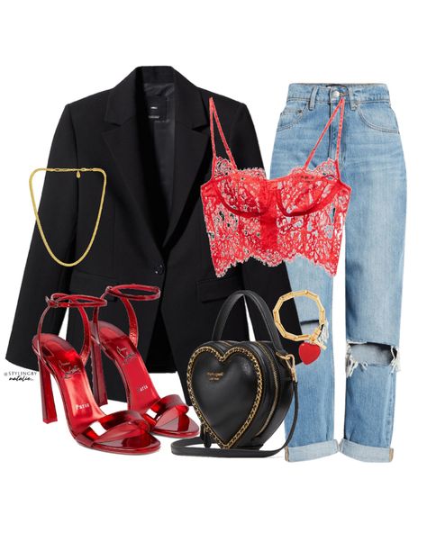 Valentine’s Day Going Out Outfits, Valentine's Day Outfit Casual, Valentine Party Outfit Ideas, Black And Red Valentines Outfit, Blazer And Bra Outfit, Valentine’s Day Looks Black Women, Simple Valentines Outfits Casual, Classy Valentines Day Outfit, Black Valentines Outfit