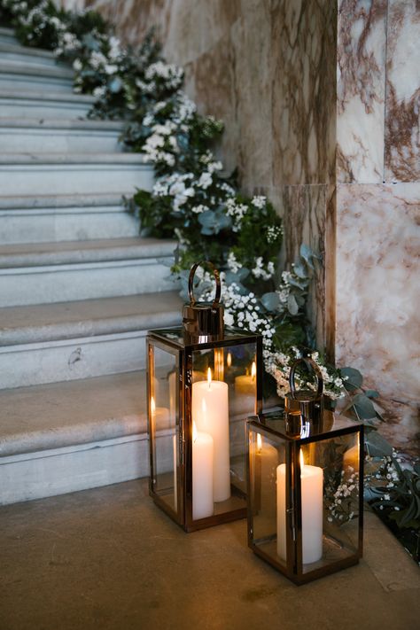 Holkham Hall Wedding, Candles On Stairs Wedding, Wedding Stairs Decoration, Marquee Styling, Lake View Wedding, Venue Entrance, Lantern Pathway, Ceremony Backdrop Indoor, Holkham Hall