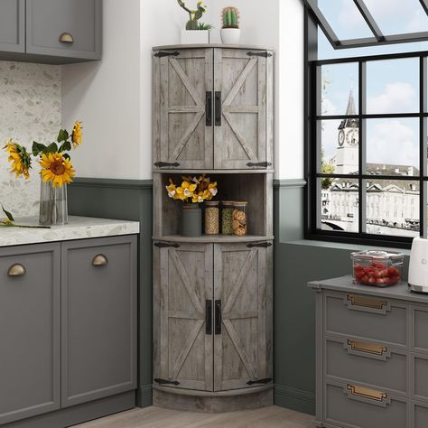 PRICES MAY VARY. [Storage Space Tailored To Your Needs] Dimensions: 22''(W) x 15.6''(D) x 64.8''(H).The corner cabinet has storage shelf at the top and bottom. With its streamlined silhouette and natural tones, it saves space while adding a charming rustic feel, making it the ideal classic farmhouse piece for the corner of your home. [Farmhouse Style] The rustic barn door style and spacious design also works well as a book shelf in the study, for living room, kitchens, and corner scenes. With a Broom Storage Kitchen, Old Farmhouse Kitchen Cabinets, Barn Door Kitchen Cabinets, Shelves For Laundry Room, Farmhouse Corner Cabinet, Modern Corner Cabinet, Farmhouse Pantry Cabinets, Interior Redesign, Rustic Farmhouse Kitchen Cabinets