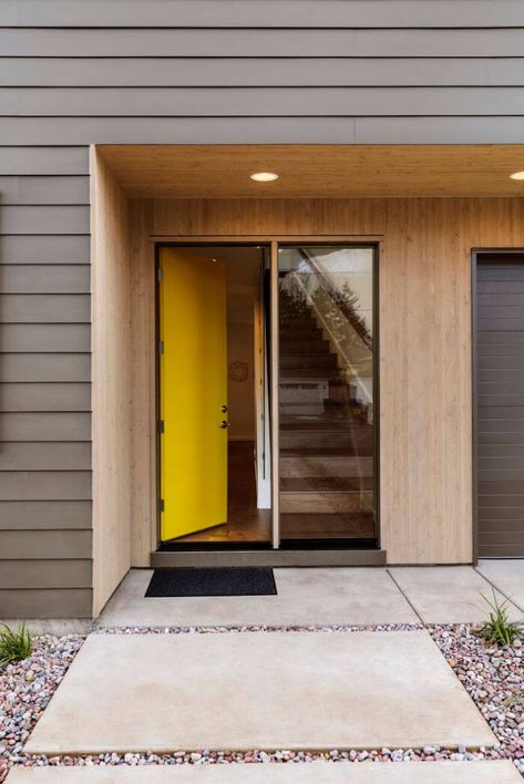 Front Door Color Ideas, Door Color Ideas, Yellow Front Door, Front Door Color, Steel Doors Exterior, Yellow Front Doors, Modern Entry Door, Front Door Styles, Steel Front Door