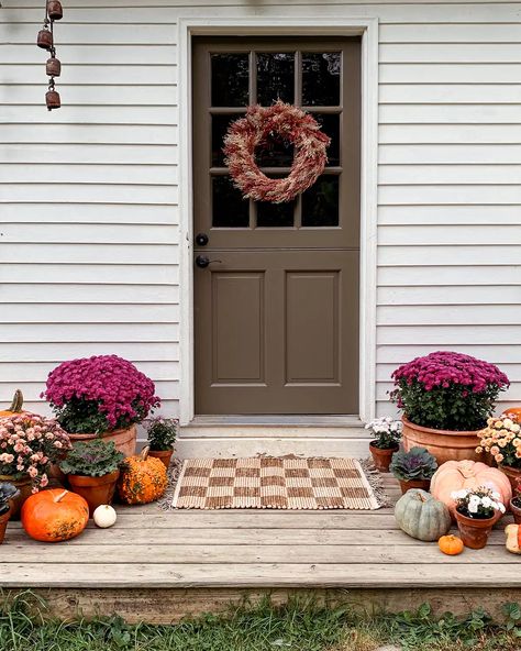 Front-Porch-Mums-And-Pumpkins.webp 1,200×1,500 pixels Pumpkins And Mums Front Porches, Porch Mums And Pumpkins, Fall Front Steps, Porch Mums, Mums And Pumpkins, Mums In Pumpkins, Purple Mums, Big Porch, Fall Front Porch Ideas