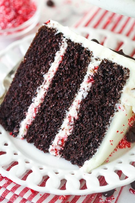 This chocolate peppermint cake is so festive! It's made of layers of moist chocolate cake frosted with peppermint buttercream and peppermint pieces and finished with chocolate ganache. Cake Chocolate Peanut Butter, Peppermint Chocolate Cake, Peeps Flavors, Peppermint Buttercream, Beyond Frosting, Chocolate Peppermint Cake, Super Moist Chocolate Cake, Peppermint Cake, Peppermint Chocolate