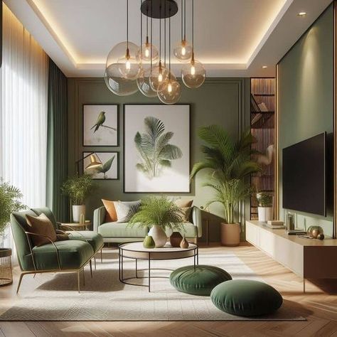 D Life Interiors Kerala, Modern Botanical Interior, Green Theme Interior Design, Soothing Interior Design, Video Interior Design, Green Black Living Room, Interior Design Green Wall, Living Room Dark Wood Floor, Green Home Interior