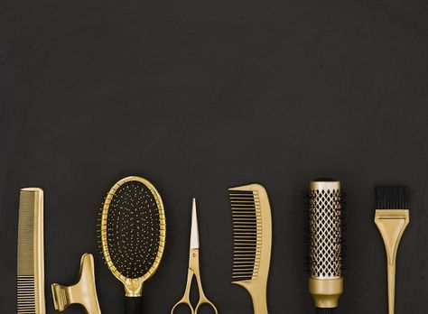 Hairdresser Tools, Salon Gold, Hair Salon Marketing, Hairstylist Tools, Hair Salon Tools, Dark Gray Background, Photo Hair, Dark Grey Background, Beauty Room Design