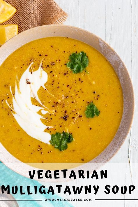 This vegetarian mulligatawny soup recipe is made with red lentils, carrots, onions, potatoes and seasoned with Indian spices. With origins in India, it is a rich, hearty, and comforting lentil-based soup that is also vegan and dairy free.