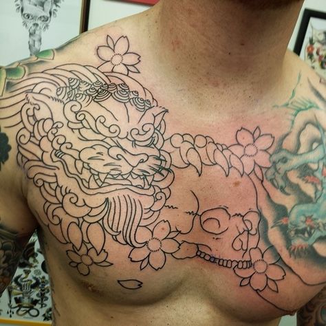 start of jap chest piece foo dogs and skulls done by Mikee Cue at Mint gun club tattoo parlour in Fife, stuff on right hand side done somewere else Dog Chest Tattoo, Full Chest Tattoos, Foo Dog Tattoo, Club Tattoo, Tattoo Japanese, Foo Dogs, Fu Dog, Chest Tattoos, Chest Piece Tattoos