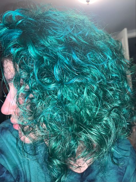 Very curly and vibrant blue green teal hair Turquoise Curly Hair, Turquoise Hair Aesthetic, Teal Hair Aesthetic, Teal Curly Hair, Green Teal Hair, Short Teal Hair, Teal Hair Color, Blue Green Hair, Dyed Curly Hair