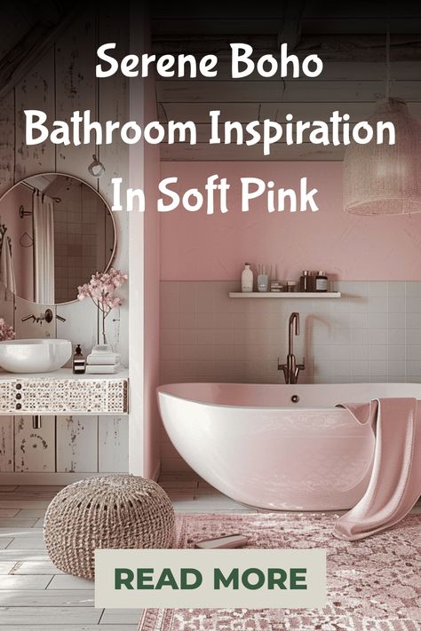 boho bathroom Natural Color Bathroom, Pink Boho Bathroom, Soft Pink Bathroom, Boho Color Scheme, Relaxing Bathroom, Serene Bathroom, Boho Bathroom Decor, Calming Spaces, Wallpaper Walls Decor